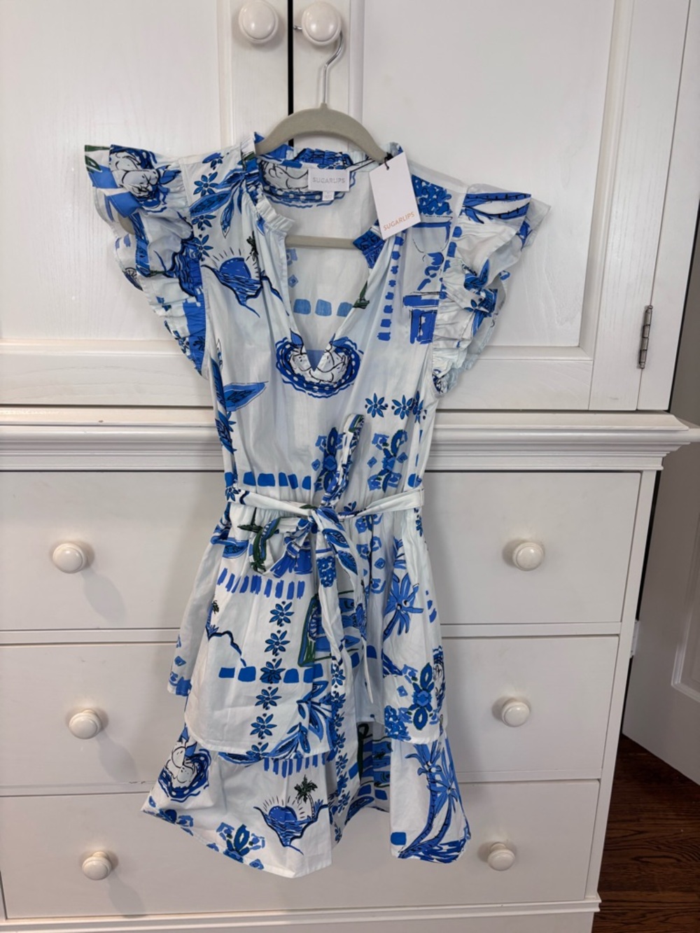 New w/Tags (never worn) Sugarlips Blue & White Floral Tie-Waist Dress